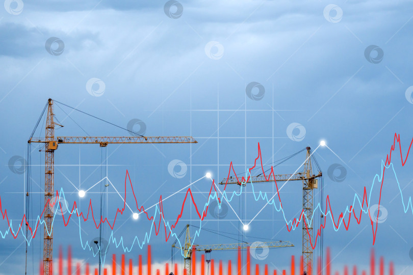 Скачать Успешная инвестиция в девелоперский бизнес и промышленное строительство с башенным краном, диаграммой и графиком. Пространство для копирования фотосток Ozero
