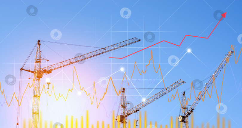 Скачать Строительные краны с графиком роста спроса на жилые дома. Спрос на строительство, ипотеку. Финансы экономика рост промышленности целевая концепция инвестиций фотосток Ozero
