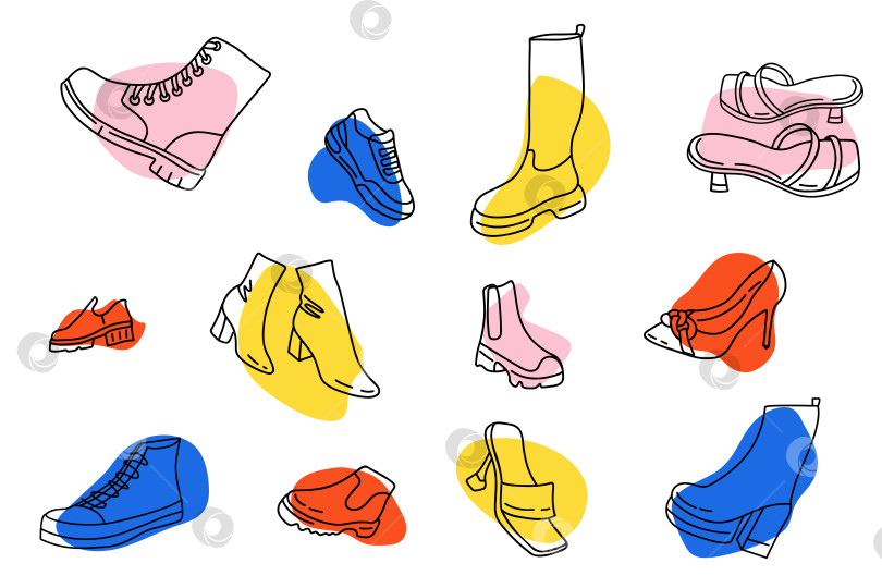 Скачать Значки линии обуви, установленные в векторе абстрактных цветных фигур. Вектор контура женской обуви. фотосток Ozero
