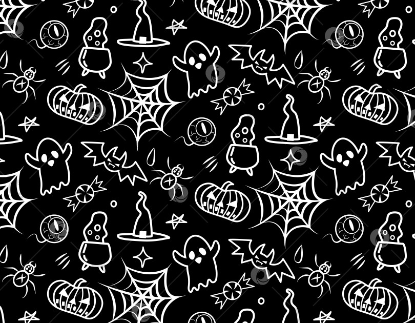 Скачать бесшовный Хэллоуин с нарисованным от руки рисунком. Креативный векторный фон с паутиной, глазом, летучей мышью, призраком, тыквой.Шаблон дизайна фотосток Ozero