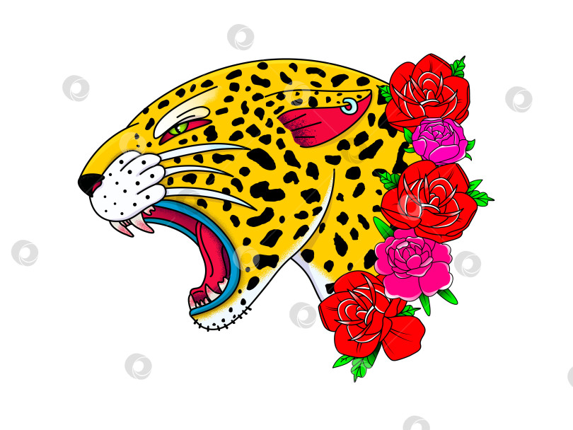 Скачать Голова леопарда рычит с цветами в векторной иллюстрации в стиле старой татуировки с текстурами. фотосток Ozero