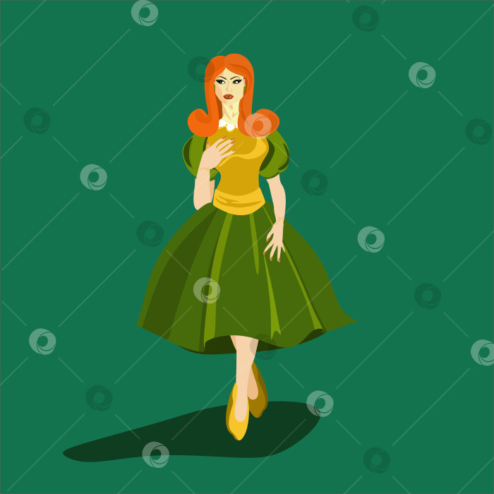 Скачать Красивая рыжеволосая девушка в стиле ретро в зелено-желтом платье фотосток Ozero