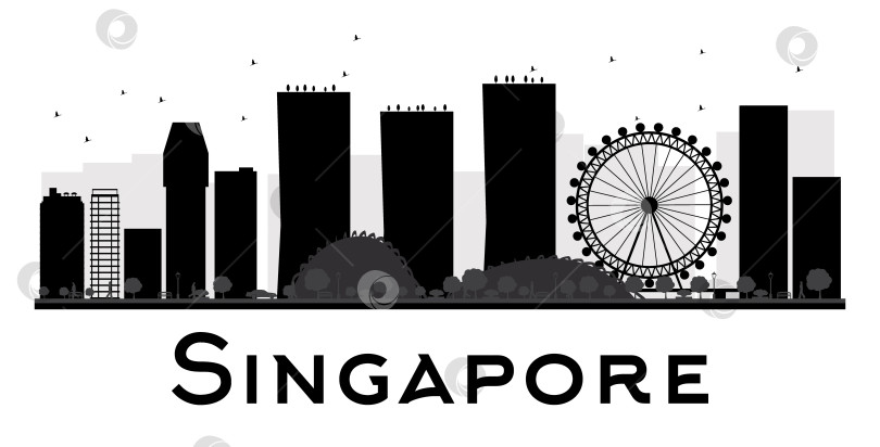 Скачать Черно-белый силуэт на горизонте Сингапура. фотосток Ozero
