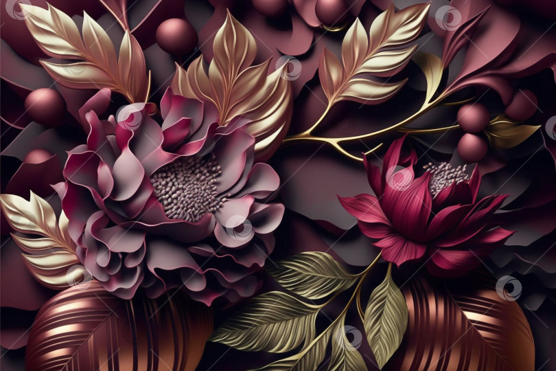 Скачать 3d-дизайн цветов и листьев на темном фоне в сливовом, розовом, пурпурном, золотом цветах. Созданный искусственный интеллект. фотосток Ozero