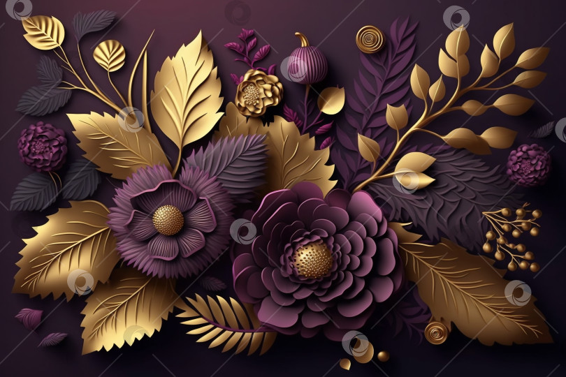 Скачать 3d фон с цветами и листьями в темно-мягких сливовых, фиолетовых и золотых тонах, цветочные ботанические обои фотосток Ozero