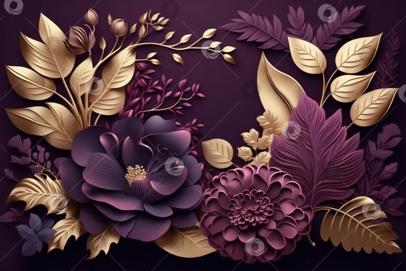 Скачать 3d цветы и листья на богато украшенном фоне темно-сливового, фиолетового и золотого цветов, цветочные ботанические обои фотосток Ozero