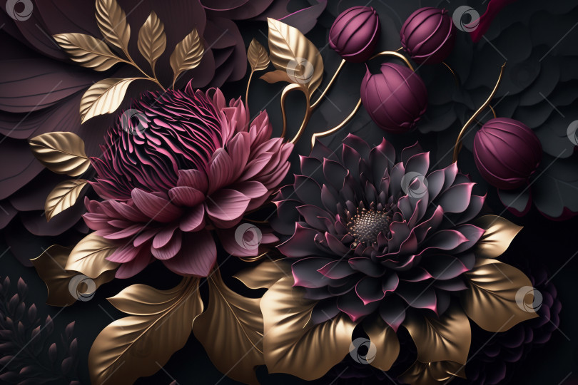 Скачать Роскошные 3d цветы и листья на темном фоне в сливовых, розовых, серых, золотых тонах. Созданный искусственный интеллект. фотосток Ozero