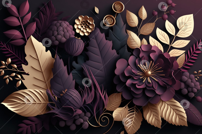 Скачать фон из 3d бумажных цветов и листьев темно-сливового, фиолетового и золотого цветов, сгенерированный искусственным интеллектом фотосток Ozero