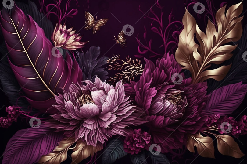Скачать Богато украшенный узор из пурпурных садовых цветов в цветах сливы, фиалки, фушии, цифровая иллюстрация. Генеративный искусственный интеллект. фотосток Ozero