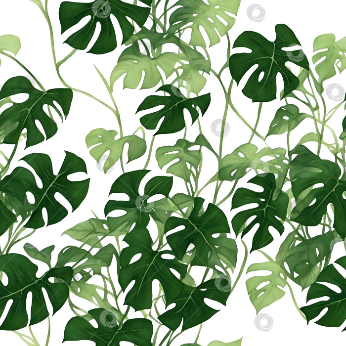 Скачать Тропический бесшовный узор из листьев монстеры на белом фоне. Созданный искусственным интеллектом фотосток Ozero