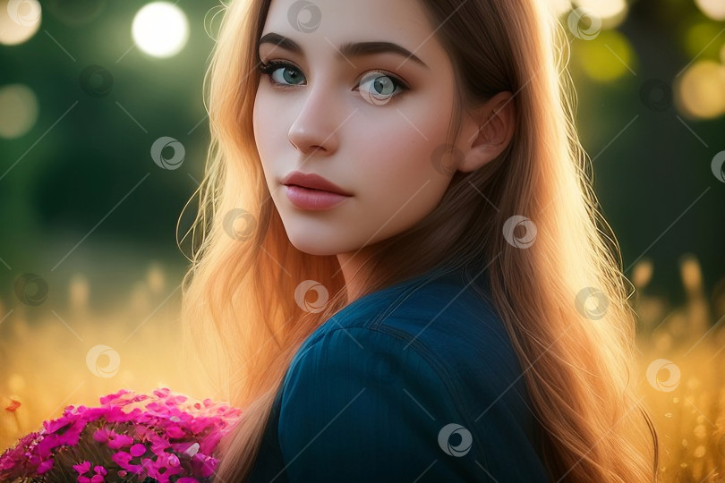 Скачать Портрет молодой женщины крупным планом на открытом воздухе с цветами фотосток Ozero