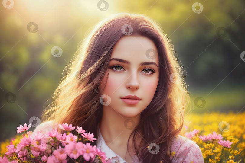 Скачать Портрет молодой женщины, белой, с длинными волосами, на открытом воздухе с цветами фотосток Ozero
