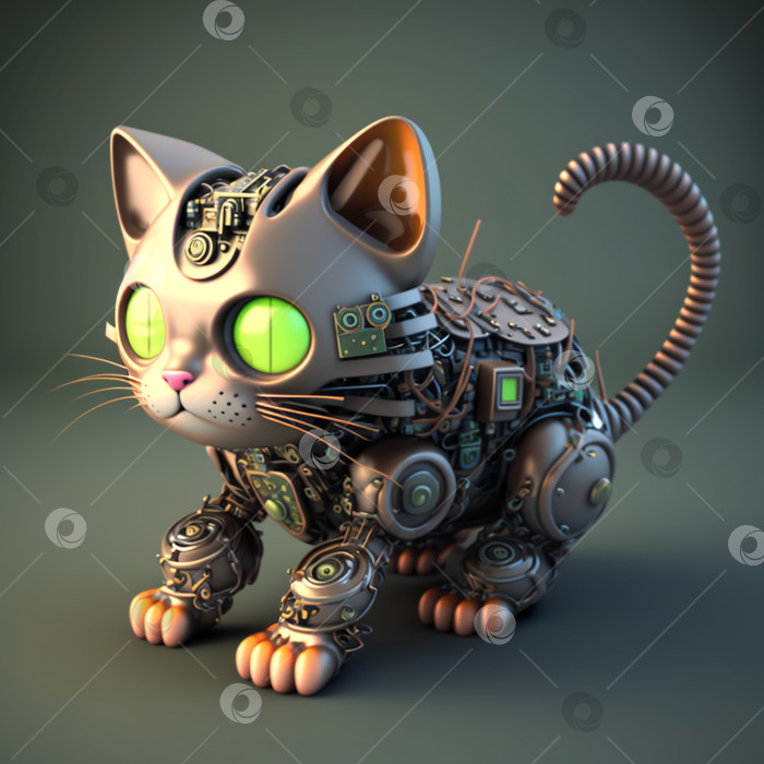 Скачать Симпатичный робот-кибер-кот, металлический, с зелеными глазами на сером фоне, 3D рендеринг. Созданный искусственным интеллектом фотосток Ozero