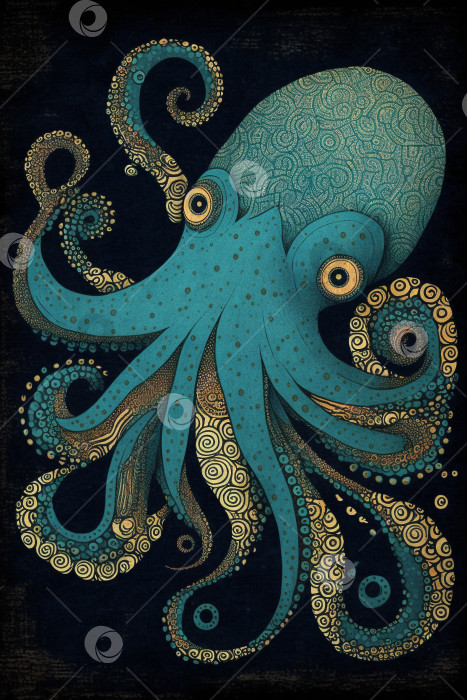 Скачать Вертикальный плакат с изображением морского осьминога на темном фоне, стилизованная графическая иллюстрация. Созданный искусственный интеллект. фотосток Ozero