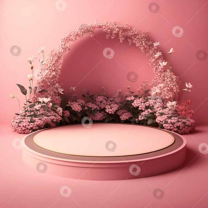 Скачать 3D цветочная арка и круглая витрина на подиуме, пастельно-розовый фон для косметических средств фотосток Ozero