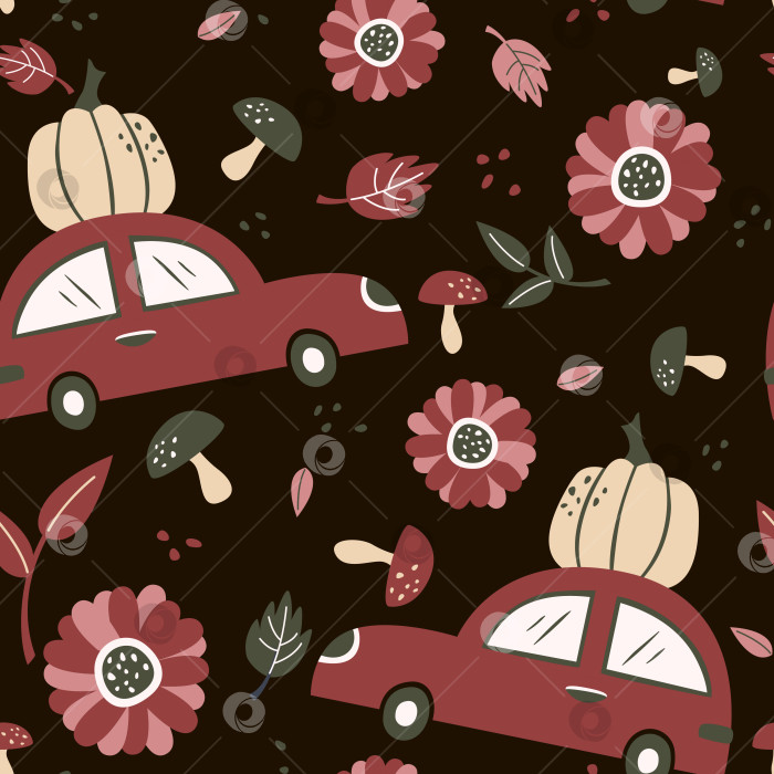 Скачать Нарисованный от руки осенний бесшовный узор с автомобилем, перевозящим тыквы, осенние листья, цветы и грибы. фотосток Ozero