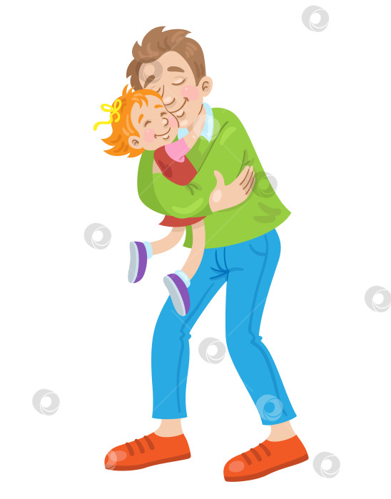 Скачать Счастливый отец держит на руках свою маленькую дочь. Они стоят, обнявшись. В мультяшном стиле. фотосток Ozero