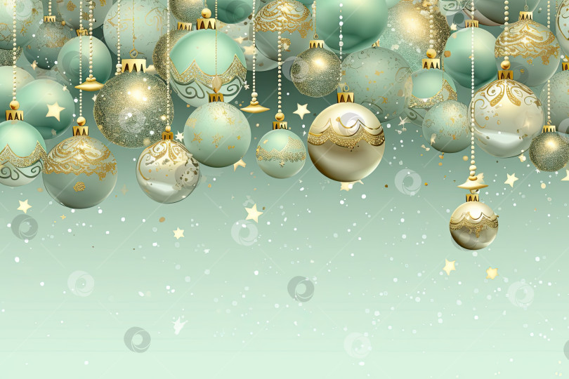 Скачать Рождественские золотые и синие стеклянные шары на зеленом фоне. Генеративный искусственный интеллект. фотосток Ozero
