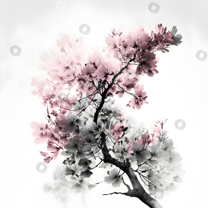 Скачать Ветка цветка сакуры для печати на заднем плане. Иллюстрация цветущей вишни на белом фоне. Весенний баннер для дизайна, приглашения, поздравительной открытки крупным планом. Цветочная коллекция. Порождающий искусственный интеллект фотосток Ozero