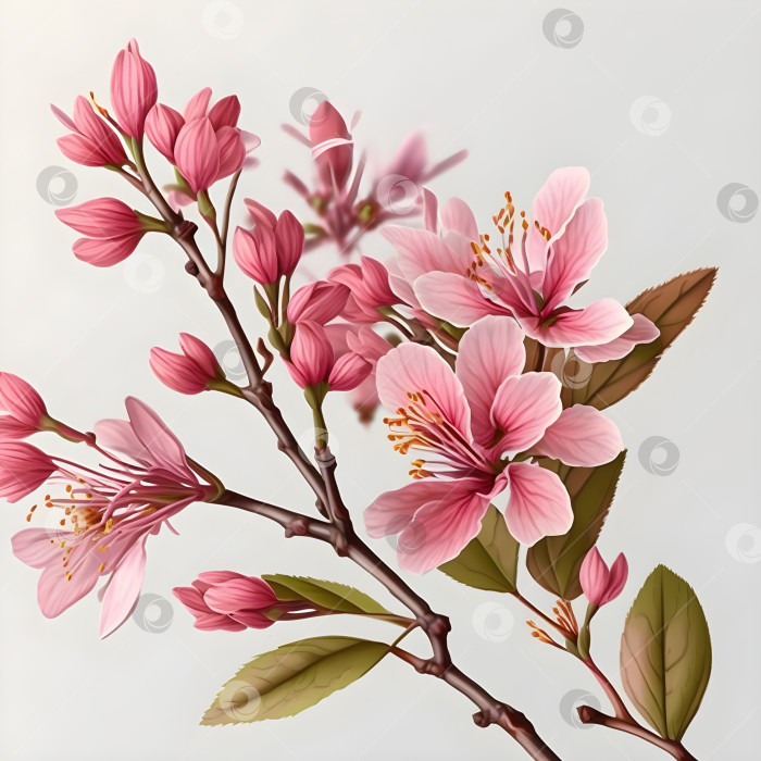 Скачать Символ весны. Иллюстрация цветущей ветви дикой сакуры на светлом размытом фоне. Нежные розовые весенние цветы для оформления, приглашения, весеннего баннера, макроса. Порождающий искусственный интеллект фотосток Ozero