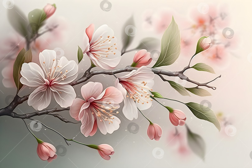 Скачать Символ весны. Иллюстрация цветущей ветви дикой сакуры на светлом размытом фоне. Нарисованные розовые весенние цветы для дизайна, приглашения, весеннего баннера, макроса. Порождающий искусственный интеллект фотосток Ozero