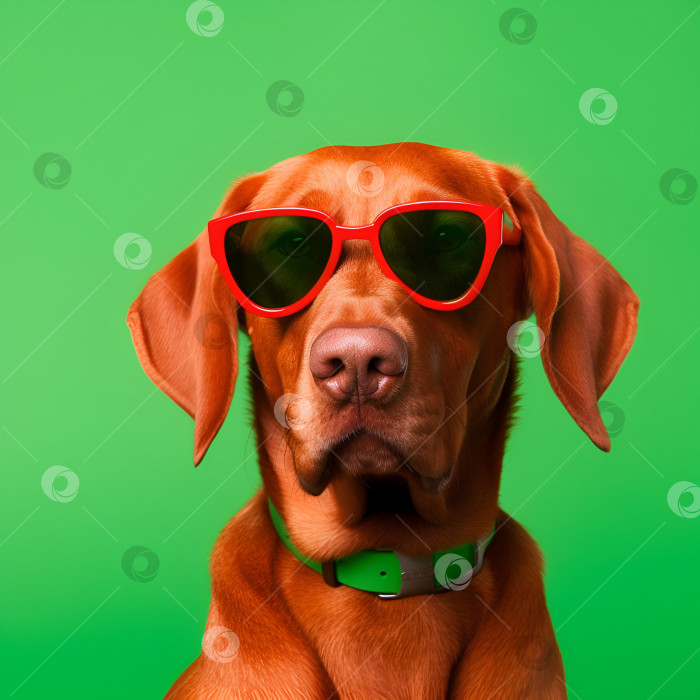 Скачать Рыжая собака в солнцезащитных очках на зеленом фоне фотосток Ozero