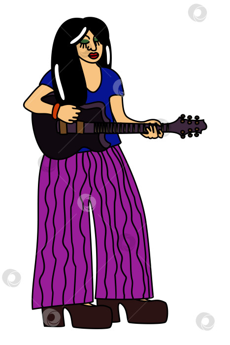 Скачать Ретро-девушка с гитарой. Векторная изолированная иллюстрация. фотосток Ozero