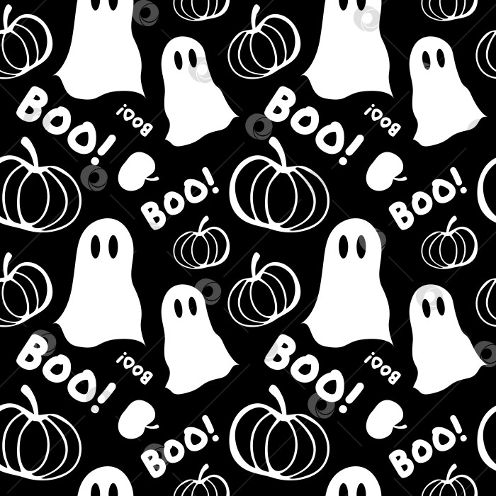Скачать Бесшовный черно-белый паттерн на Хэллоуин с приведениям, тыквами и надписями "BOO!" фотосток Ozero