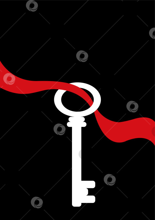 Скачать Минималистичный рисунок с силуэтом белого ключа, свисающего с красной ленты на черном фоне фотосток Ozero
