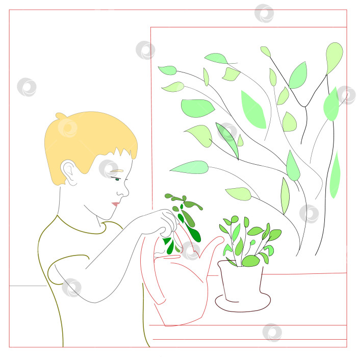 Скачать Милый мальчик поливает зеленые растения на подоконнике в солнечный день. Радостная атмосфера ожидания весны фотосток Ozero