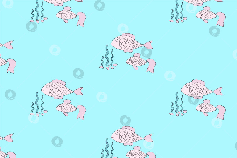 Скачать Бесшовный узор с рыбками, водорослями и камнями. Бирюзовый и розовый цвета. Подводный мир фотосток Ozero