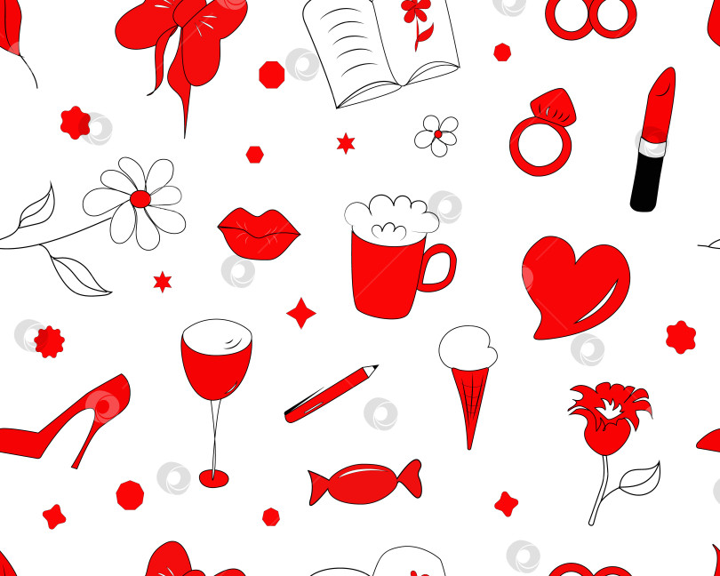 Скачать Установите женские темы doodles в виде бесшовного повторяющегося рисунка текстурированного фона для модных тканей, текстильной графики, принтов. Красный и черный фотосток Ozero