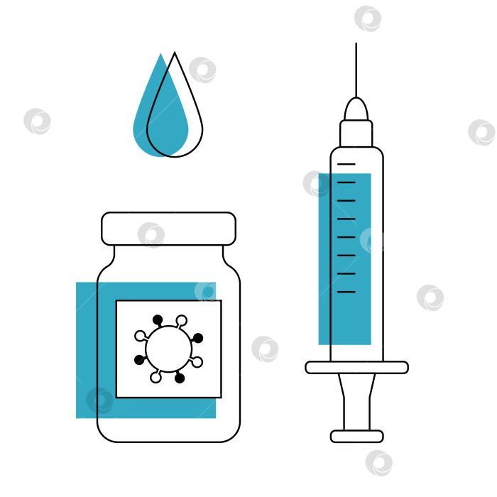 Скачать Вакцина векторной линии арт. Простой набор для шприца и ампулы. Линейный стиль фотосток Ozero