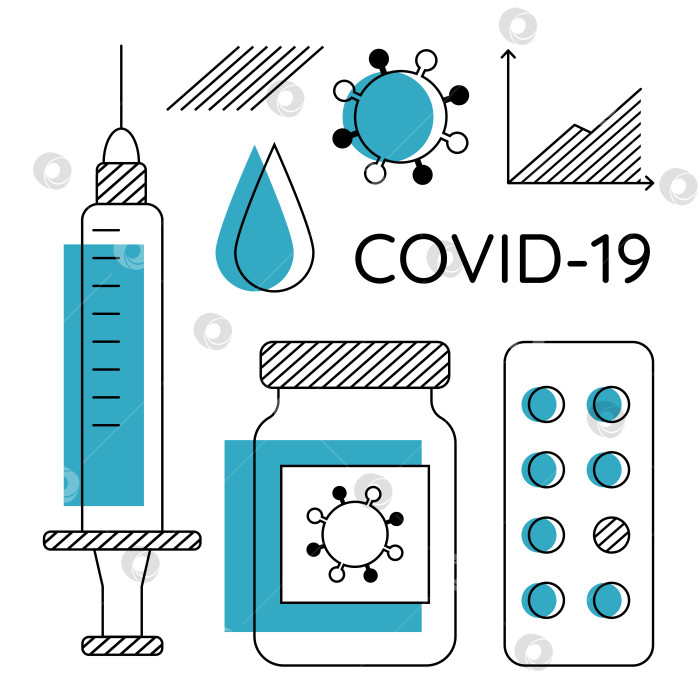 Скачать Векторная линейная графика Covid-19. Простой набор для лечения коронавируса фотосток Ozero