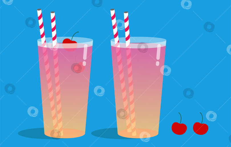 Скачать Иллюстрация летний сладкий напиток в стакане с соломинками и вишнями фотосток Ozero