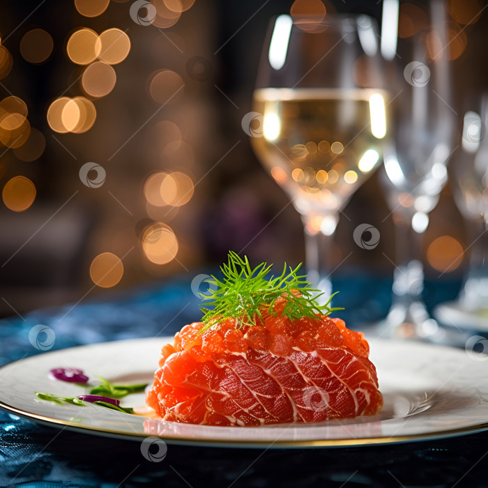 Скачать Тартар из сырого тунца и лосося подается в белой тарелке на столе в ресторане с бокалом белого вина на размытом фоне. Изысканная кухня, ресторанная закуска. Порождающий искусственный интеллект фотосток Ozero