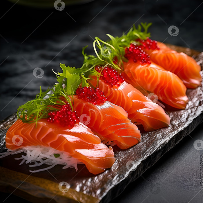 Скачать Иллюстрация ломтиков сырого лосося или сашими из лосося с красной икрой в японском стиле. Крупный план свежего сырого лосося, нарезанного ломтиками и поданного на деревянной доске. Концепция азиатской кухни. Порождающий искусственный интеллект фотосток Ozero
