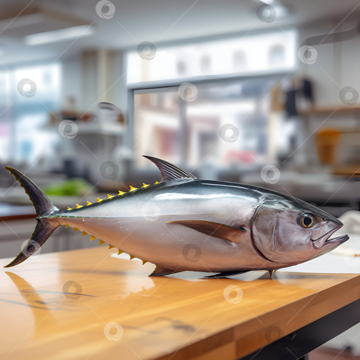 Скачать Иллюстрация цельного морского тунца на столе ресторана или рыбного рынка. Свежий тунец для сашими, приготовления на гриле или в домашних условиях. Концепция приготовления пищи. Порождающий искусственный интеллект фотосток Ozero