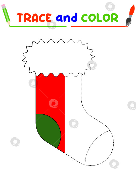 Скачать Обведите и раскрасьте рождественский носок. Учебный лист для дошкольников фотосток Ozero