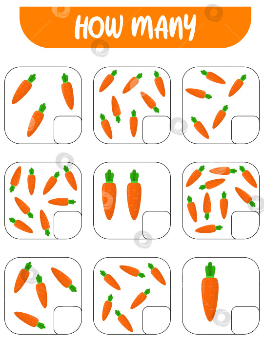 Скачать Посчитайте, сколько морковок. Запишите ответ. Развивающие игры фотосток Ozero
