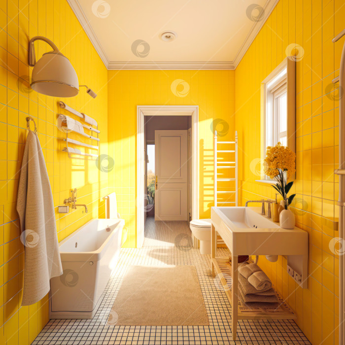 Скачать Уютный интерьер ванной комнаты в желтых тонах фотосток Ozero