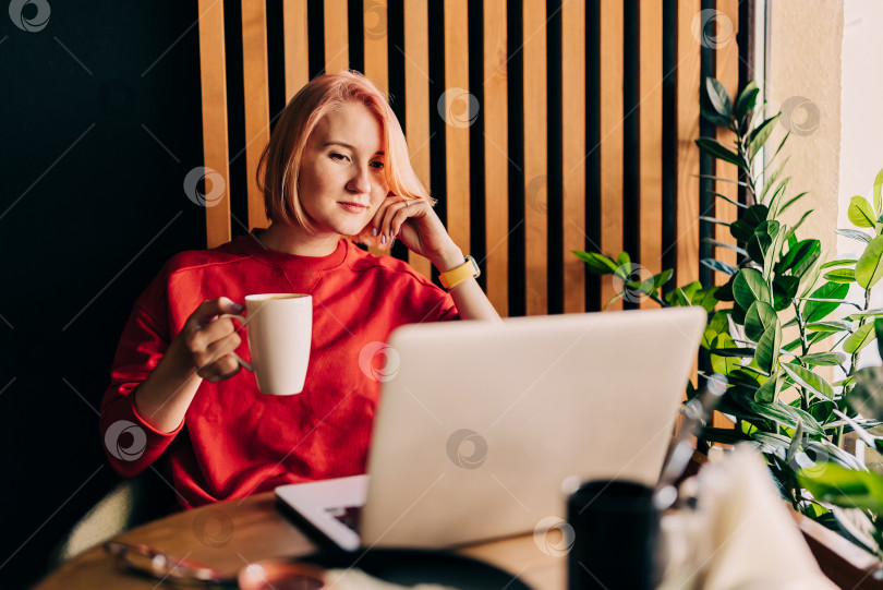Скачать Молодая блондинка в красном повседневном свитере в кафе работает на портативном компьютере и пьет кофе фотосток Ozero