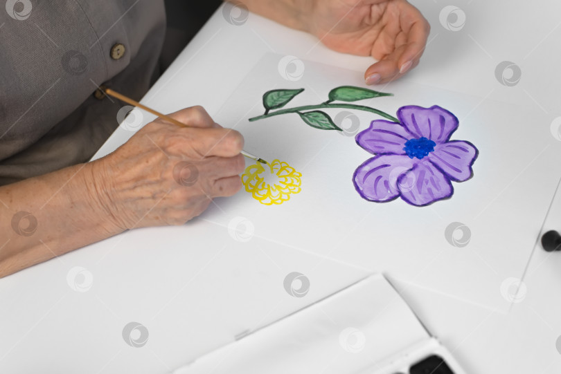Скачать Женские руки рисуют цветок акварелью, вид сверху. Кисть, краски, бумага лежат на белом столе. Избирательный фокус фотосток Ozero
