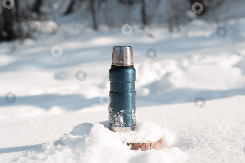 Скачать Металлический синий термос, стоящий на заснеженном пне в зимнем лесу в солнечный день фотосток Ozero