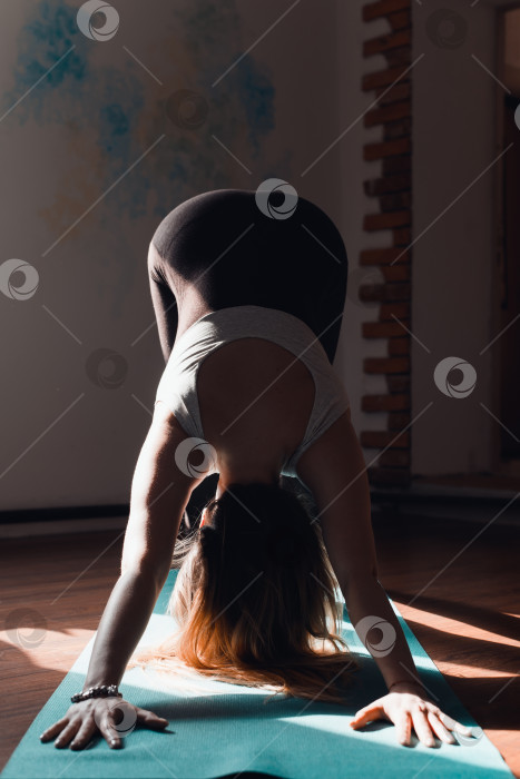 Скачать Молодая женщина в спортивной одежде, занимающаяся йогой, делает растяжку на спортивном коврике в помещении на рассвете. Поза адхо мукха шаванасана. Концепция здорового активного образа жизни. Избирательный фокус фотосток Ozero