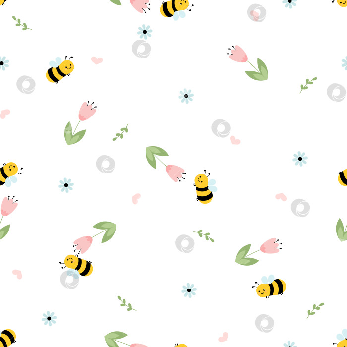 Скачать Бесшовный узор с цветком тюльпана, сердечками и мультяшной летающей пчелой на белом фоне векторной иллюстрации. Милый детский принт. фотосток Ozero