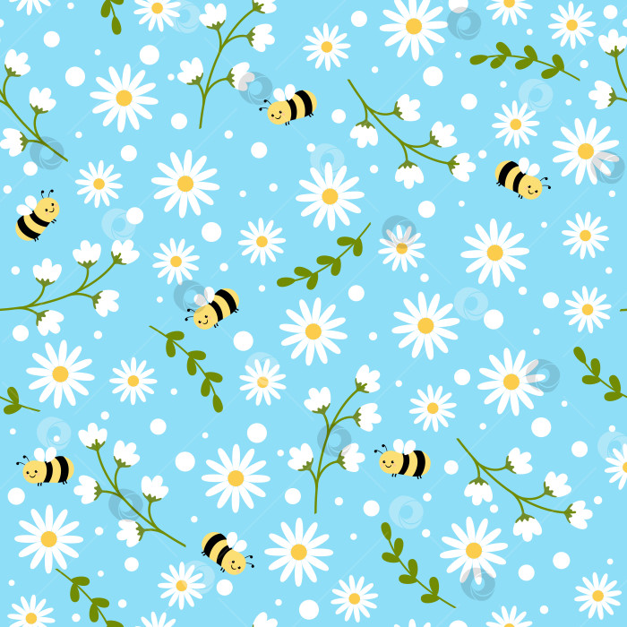 Скачать Бесшовный узор с белыми цветами и забавной пчелкой на синем фоне фотосток Ozero