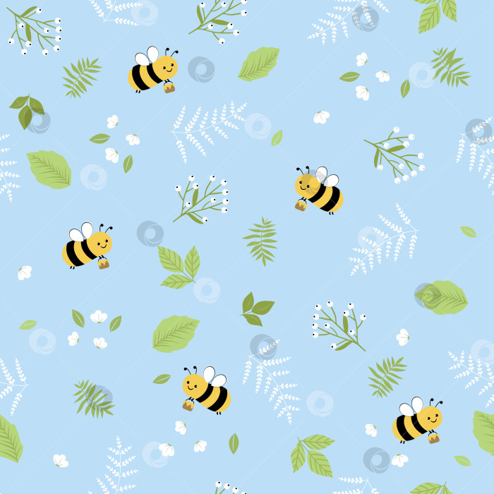 Скачать Бесшовный узор с цветком, листьями и летающими пчелами на синем фоне. Милый мультяшный принт. фотосток Ozero