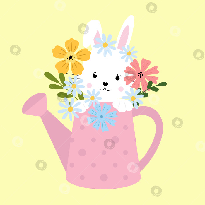 Скачать Милый белый кролик в садовой лейке с цветами. Пасхальный принт фотосток Ozero
