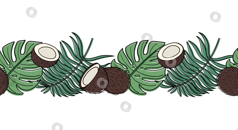 Скачать Горизонтальные бесшовные летом шаблон с тропическими листьями и кокосы фотосток Ozero